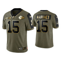 Men Kansas City Chiefs #15 Patrick Mahomes Olive Gold 2021 Salute To Service Limited Jersey