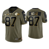 Men Kansas City Chiefs #87 Travis Kelce Olive Gold 2021 Salute To Service Limited Jersey