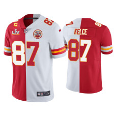 Men Kansas City Chiefs #87 Travis Kelce Red White Super Bowl LV Split Jersey